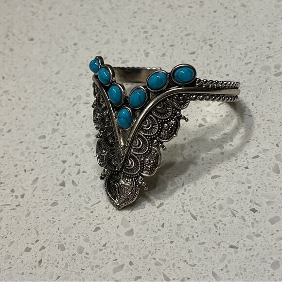 Faux Blue Turquoise Beads Decor Western Cuff Bangle Retro Vintage style - Picture 6 of 8